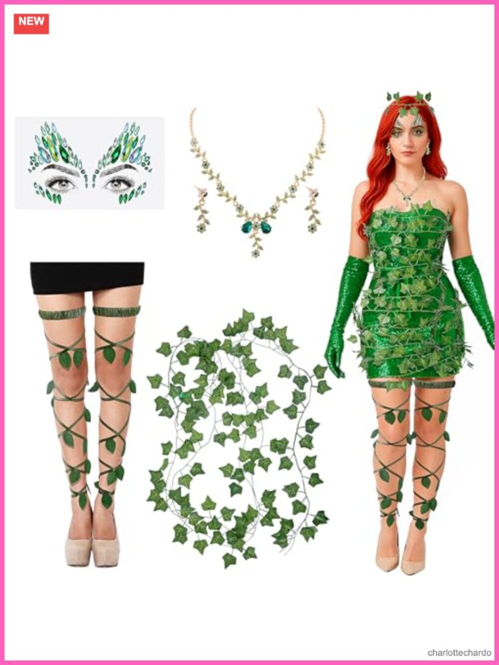 Ivy Costume Accessory Set Leg Wraps Face Gems Necklace Earrings Vines Halloween
